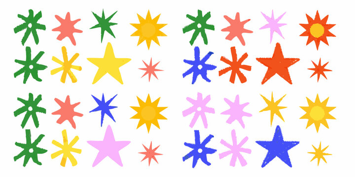 Colorful hand drawn asterisk and star shapes on a white background