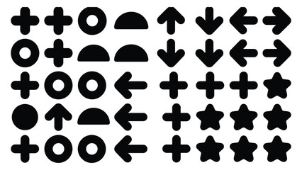 Fototapeta premium Minimalist abstract shapes set with geometric arrows, stars, circles, and plus signs