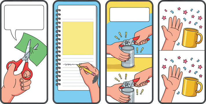Left Handed Everyday Challenges Infographic Vector Template Set with Hands Using Scissors Writing in Notebook Opening Can and Celebrating Life Comic Layout
