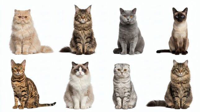 Eight Pedigree Cat Breeds on White Background

