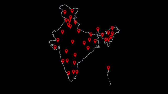 Minimalist India map animation featuring multiple scattered red location pins popping up with blinking white target dots on a transparent alpha channel background loop