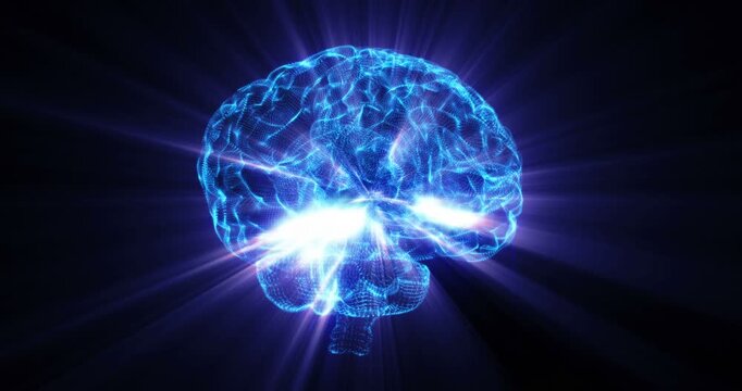Futuristic digital human brain with glowing neural networks, blue holographic brain activity, luminous synapses and light rays for medical science