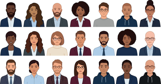 Diverse Corporate Avatar Icon Set Featuring Professional Business People Entrepreneurs Office Employees and Company Team Members for Organization Chart Graphic Designs