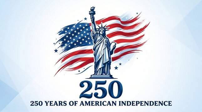 Dynamic Statue of Liberty illustration with grunge American flag brush strokes for USA 250th anniversary. Creative semiquincentennial graphic for 250 years of independence day.