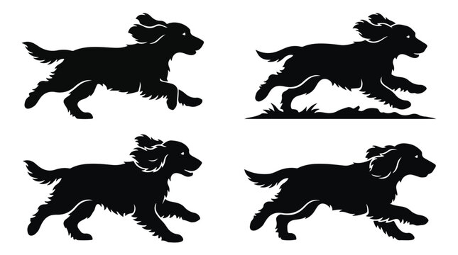 Running spaniel dog silhouettes, set of 4 black canine vector icons. Hunting dog breeds in motion. Cocker spaniel or setter galloping graphics for logos.