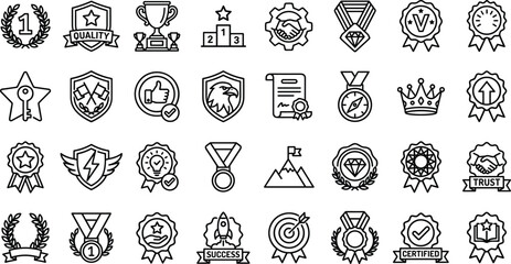 Obraz premium Business Achievement and Award Outline Icon Set with Trophy Medals Laurel Wreaths Quality Badges Rocket Launch and Success Ribbons Vector Illustrations