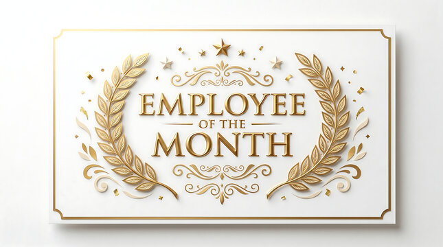 Gold Employee of the Month Text on White Background with Laurel Wreath