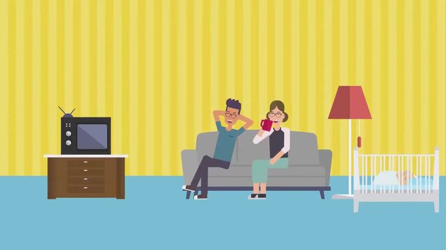 Happy Family Relaxing on Sofa in Living Room with a Baby Crib, New Home and Parenting Lifestyle, 2D Vector Animation
