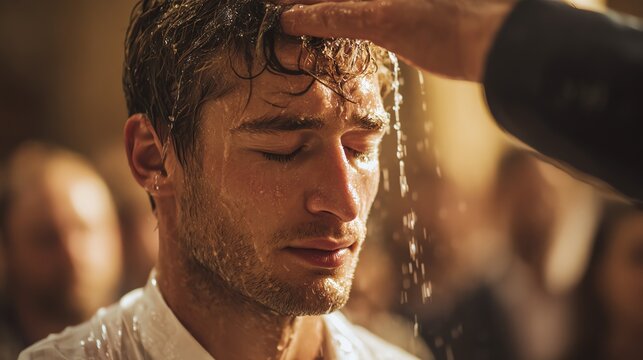 Emotional baptism ceremony in soft lighting.