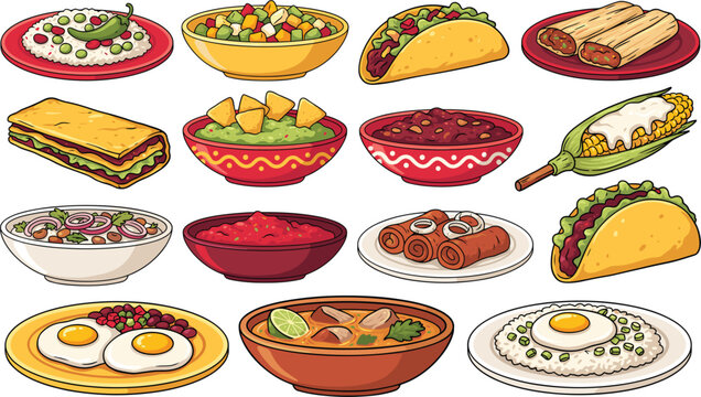 Traditional Mexican food set with tacos nachos salsa guacamole and burrito, vector illustration menu concept