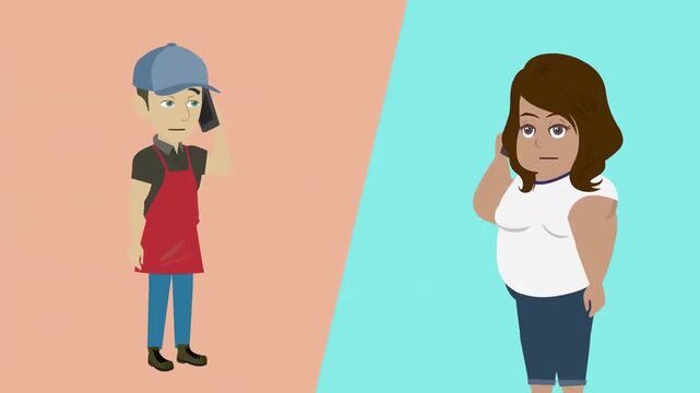 Split Screen Phone Conversation Between Delivery Courier and Female Customer, E-Commerce Logistics Concept, 2D Animation