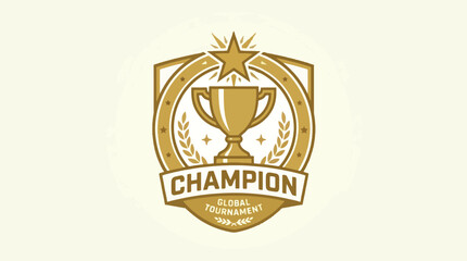 Fototapeta premium Golden champion sports logo with a trophy and star on a beige background, featuring a laurel wreath and banner