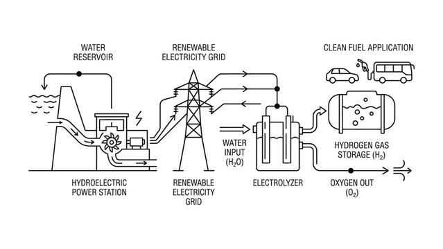 Hydroelectric power station generating renewable electricity for hydrogen gas production.