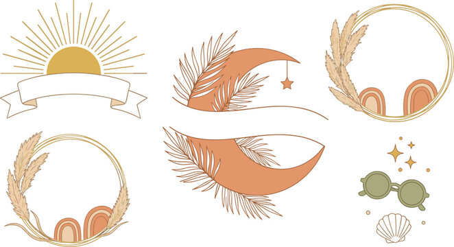 Boho Summer Border Frame and Emblem Vector Set with Sun Crescent Moon Palm Leaves Pampas Grass Rainbow and Seashell Icons for Branding Designs
