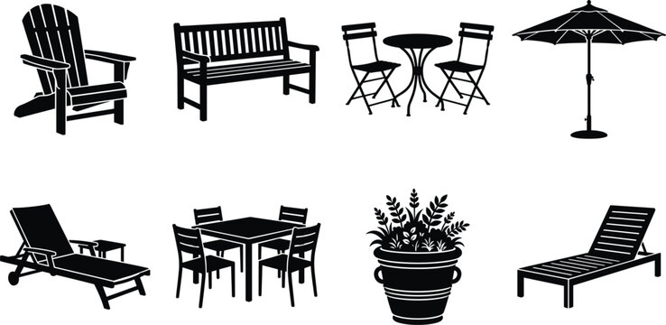 Collection of outdoor patio and garden furniture silhouettes including chairs table umbrella and bench in image_08aa6a.png