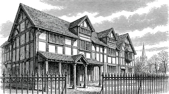 Building constructed with traditional timber framing is depicted in a refined monochrome etching.