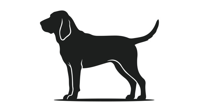 Black hound dog silhouette vector, standing hunting dog profile, minimalist canine pet illustration, isolated animal graphic for logo design