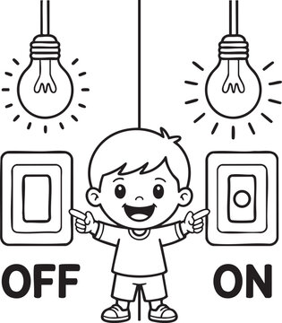 Child pointing at light switches with on and off labels black and white vector illustration boy