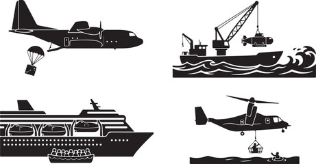 Obraz premium Transportation icons, vehicle silhouettes, boat, plane, helicopter, cargo ship, parachute