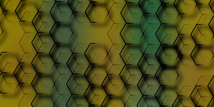 Geometric hexagon pattern overlay on earthy green and yellow gradient background with subtle drop shadows and textured finish.