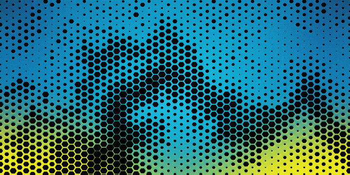Geometric halftone pattern showing smooth gradient transition from bright yellow to deep blue with hexagonal shapes for modern design.