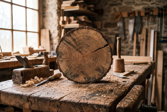 Large wood log cross section on carpenter workbench with hand tools