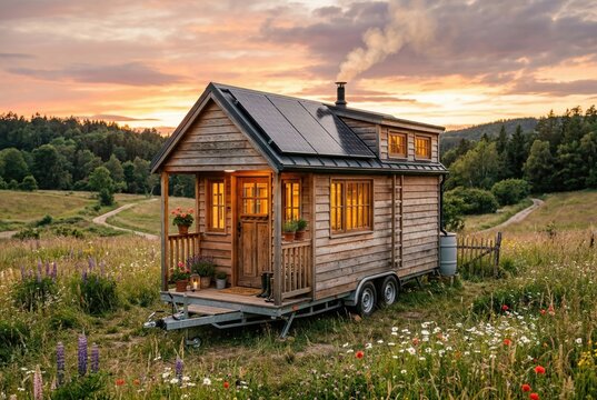 Off grid living tiny house with solar power system in scenic meadow landscape