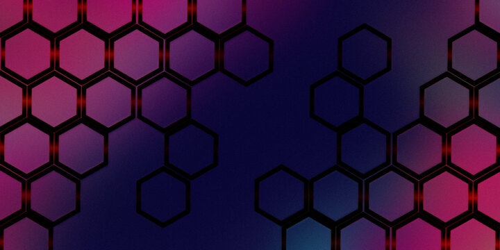 Geometric honeycomb pattern with black hexagonal frames over pink and purple gradient background with glowing red edge highlights.