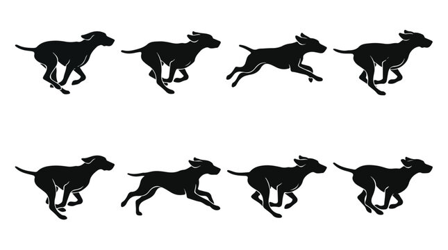 Running dog silhouette animation frames, black hunting dog galloping sequence, set of 8 canine motion sprites for game design and video