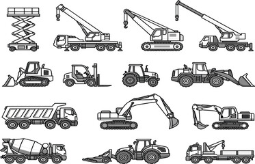 Construction machinery black and white vector set with excavator, crane, forklift and dumper truck © Afsana