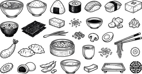 Japanese cuisine sketch vector graphics for oriental gastropub menu packaging woodcut style illustration catalog website ui. © Ruksana Studio