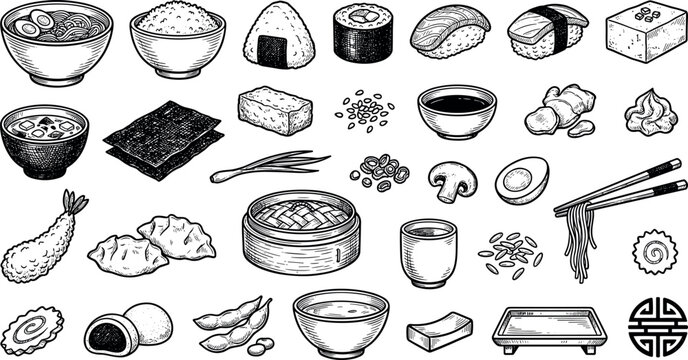 Japanese cuisine sketch vector graphics for oriental gastropub menu packaging woodcut style illustration catalog website ui.
