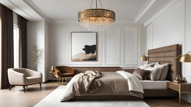 Luxury master bedroom with ambient table lamps and crystal chandelier