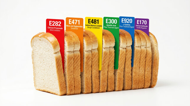 A full loaf of sliced white sandwich bread stands upright with vivid colored bookmark tabs sticking up between the slices, each displaying a food additive E-code