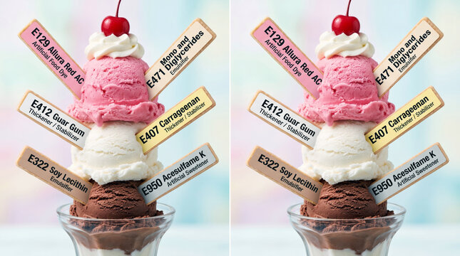 Ice cream sundae glass with strawberry, vanilla and chocolate scoops topped with whipped cream and cherry has wafer-style label sticks planted in each scoop, displaying food additive E-codes