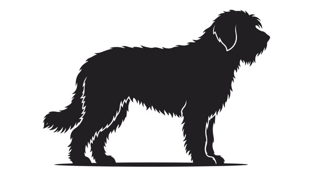 Black dog silhouette of a Briard or Labradoodle, shaggy long haired sheepdog vector, fluffy pet profile icon for veterinary and grooming services