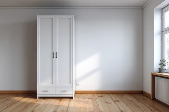 White wardrobe with drawers stands in a sunlit empty room with wood floors.