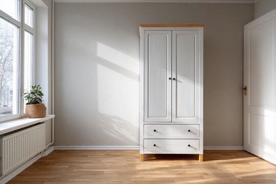 White wooden wardrobe stands in a sunlit room with a potted plant.