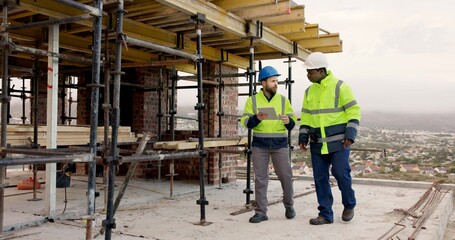 Fototapeta premium Architect, talking and men with tablet on construction site, reflection and planning for renovation. Civil engineer, ideas and people with tech, discussion and collaboration for property development