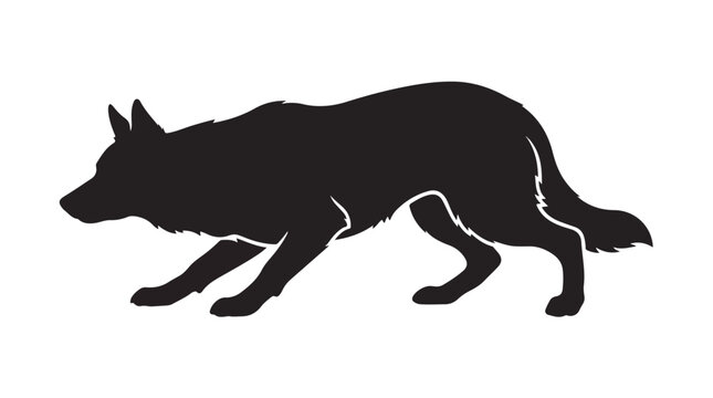 German Shepherd silhouette vector, black dog profile in crouching pose, police dog breed illustration, canine pet graphic isolated on white