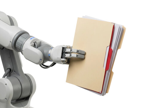 Advanced industrial robotic arm with a sleek metallic finish and precise mechanical joints holds a thick beige paper document folder containing organized office files in a professional studio setting 