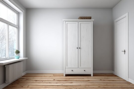 White wooden wardrobe and door in a bright, empty room.