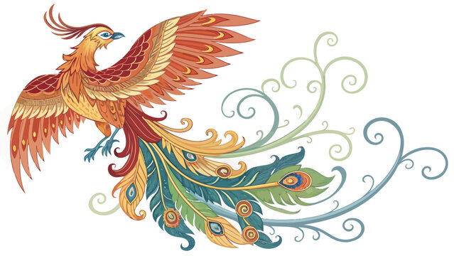 Mythical phoenix bird illustration with decorative feathers mythology illustration legendary feathers colorful mythical decorative creature ornamental folklore immortal stylized fictional