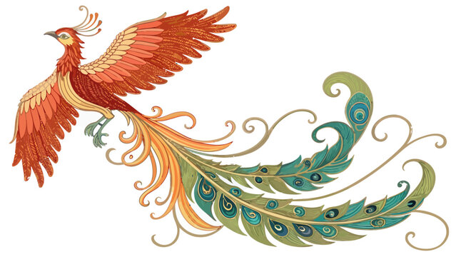Ornate phoenix bird vector graphic with decorative tail mythology illustration legendary feathers colorful mythical decorative creature ornamental folklore immortal stylized fictional