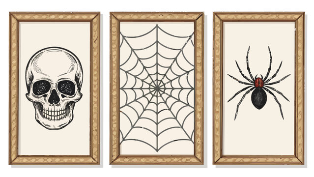 Three decorative frames featuring vintage illustrations of a human skull intricate spider web black spider gothic decor for halloween celebration halloween decoration illustration mysterious