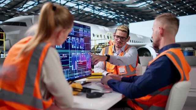 Engineer And Assistants Inspecting Airplane Engine