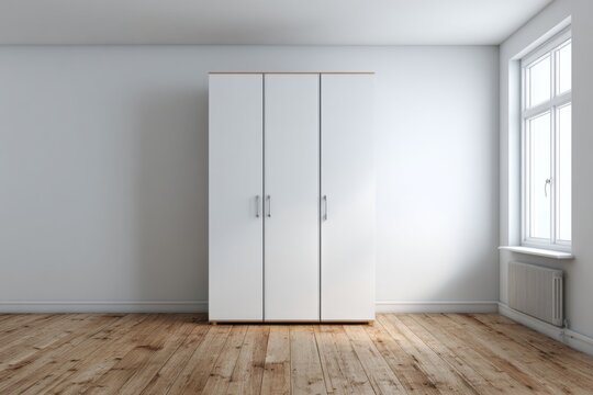 Minimalist white wardrobe stands in a bright room with wooden floor.