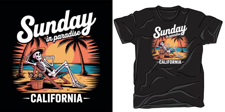 Sunday in paradise california t shirt design with skeleton relaxing on beach chair under palm trees during sunset tropical vacation.