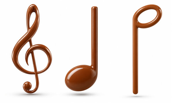 Premium 3D collection of glossy milk chocolate musical symbols including treble clef, quarter note and half note, isolated on white background. Perfect for music themes, birthday celebrations, confect