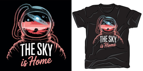 Astronaut helmet with landscape inside and text, design for print shirt poster vector illustration, vintage space artwork. © TShirt Vector Hub